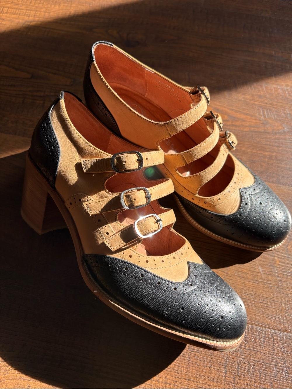 Jeffrey Campbell wingtip brogue two tone strappy mary jane heels 7.5